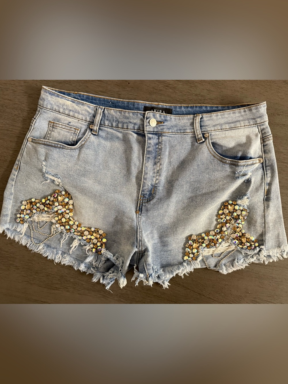 AKIRA Light Wash Denim Shorts with Gem  Accents